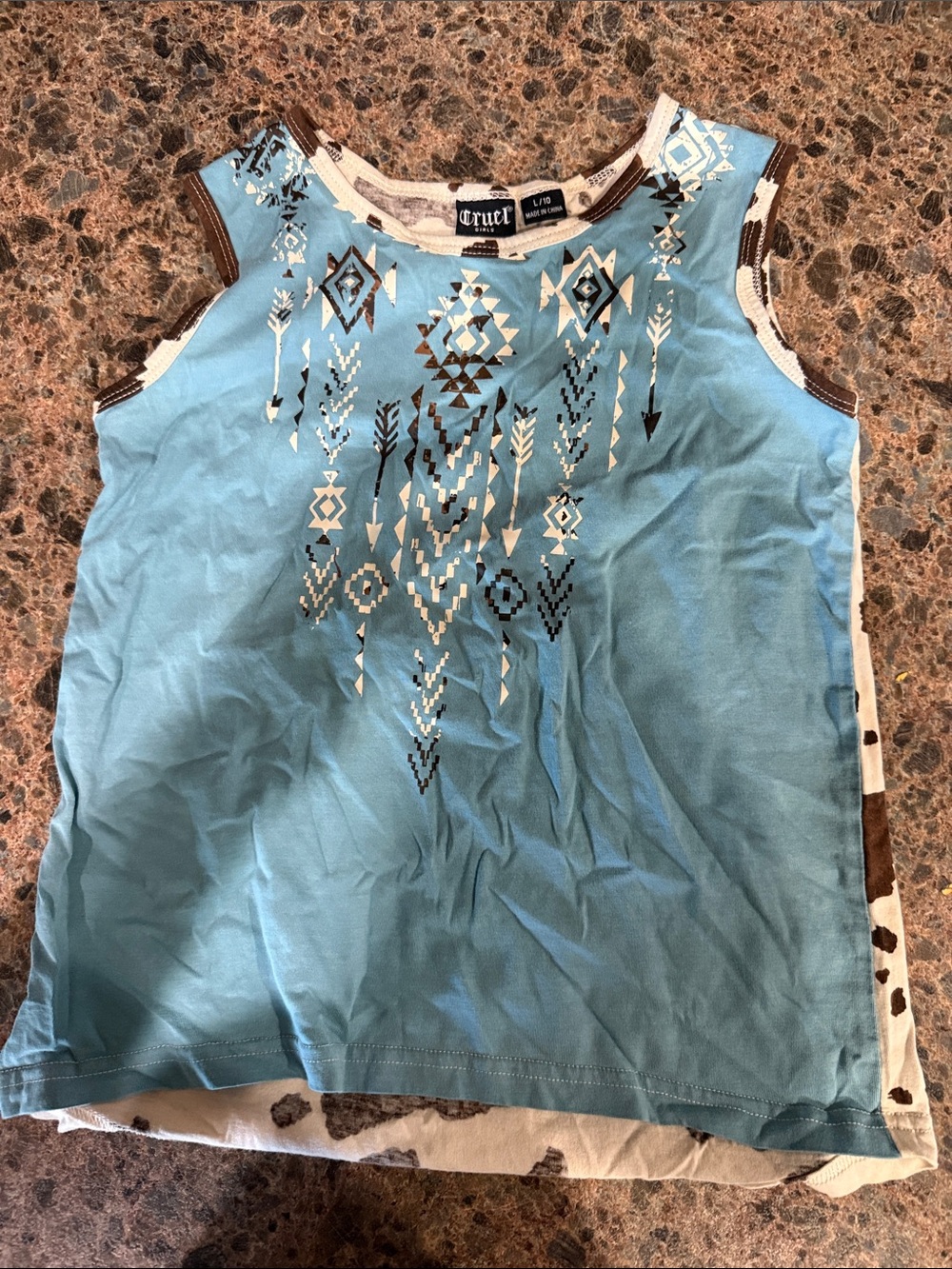 Cruel Girl Aqua Aztec Print Sleeveless Tank with Brown Trim